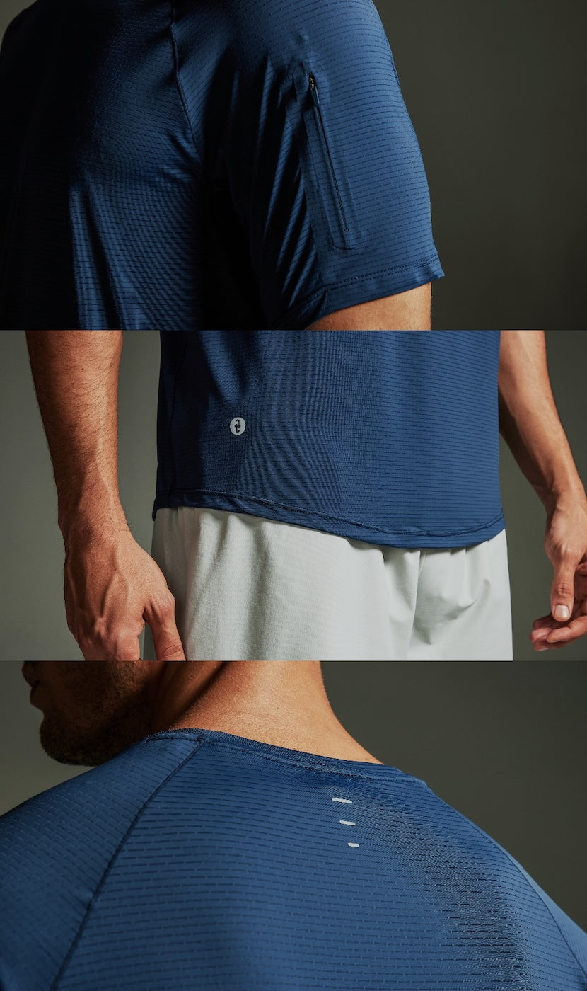 TECHTEE blue athletic shirt worn by a person, showing details of the fabric and fit.