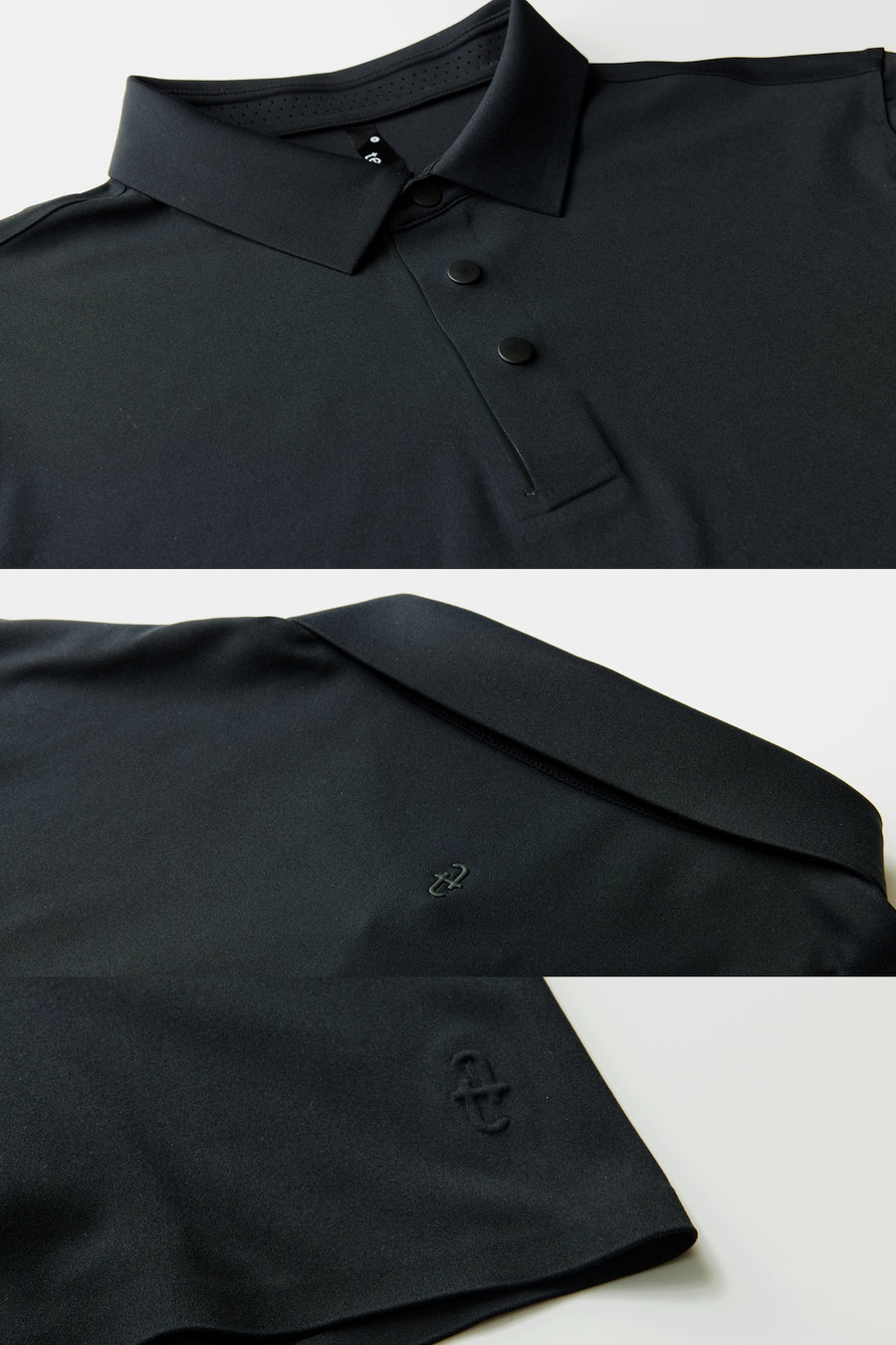 The TECHTEE black polo shirt with collar and buttons on a white background