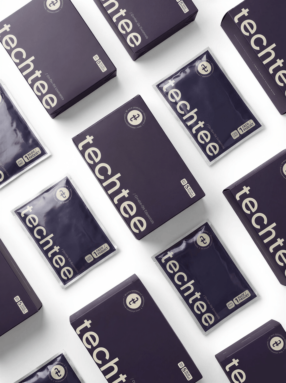 'Techtee' travel underwear packages arranged in a pattern on a white background