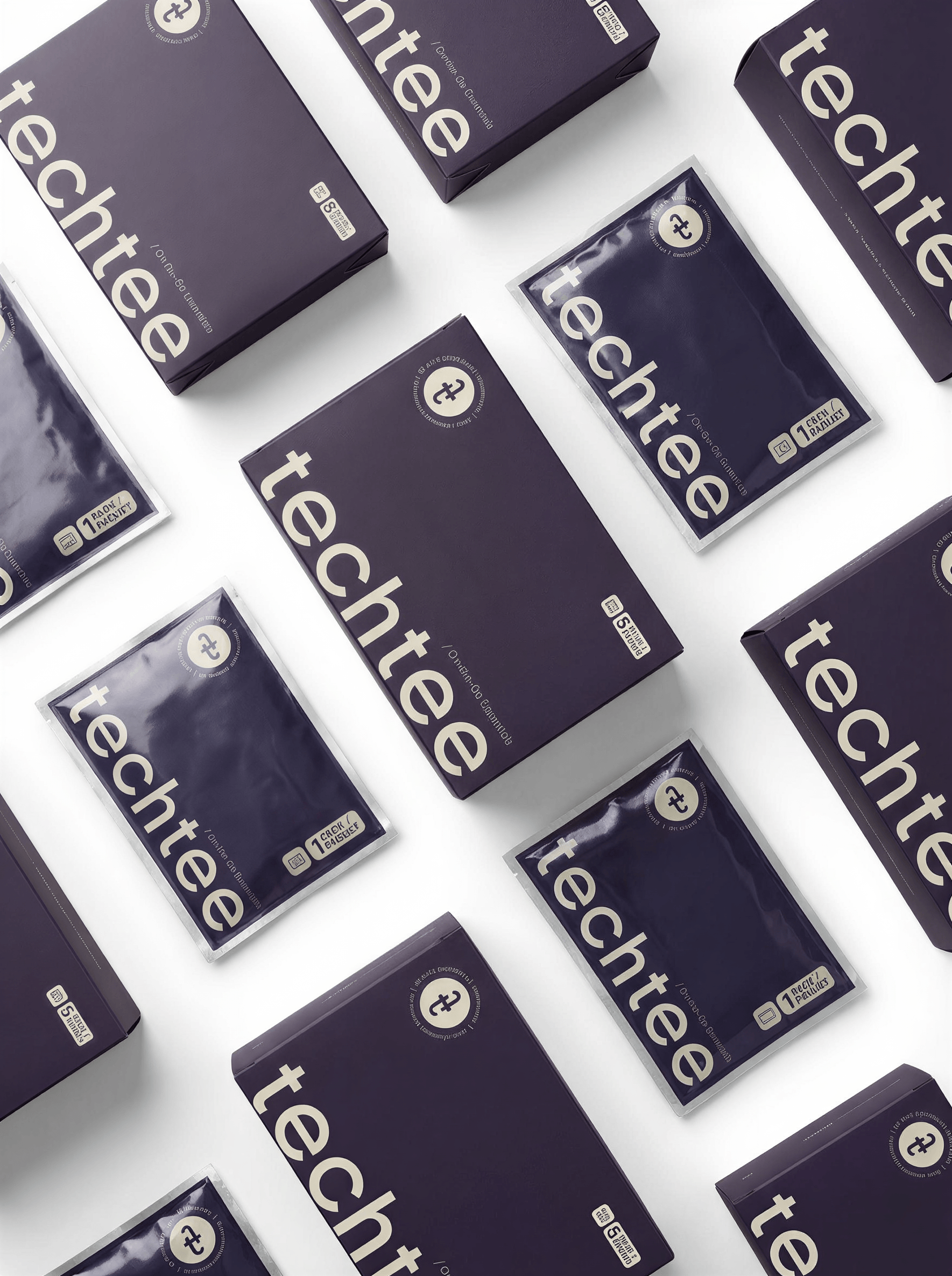 'Techtee' travel underwear packages arranged in a pattern on a white background