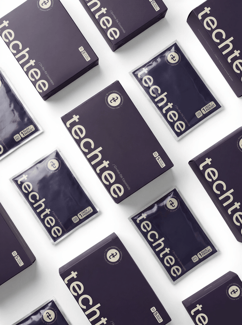'Techtee' travel underwear packages arranged in a pattern on a white background